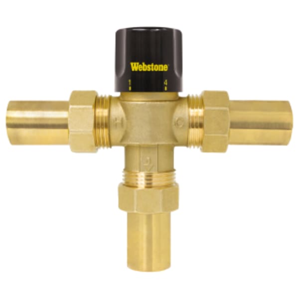 3/4" Sweat G-Series Thermostatic Mixing Valve w/ Integral Check Valves, Forged Lead-Free Brass Valve w/ DZR Lead-Free Brass Fittings, Temperature Locking Handle, & G1 Union Connections, For High Temperature Hydronic Applications, Outlet Temperature Range 104°- 176°F