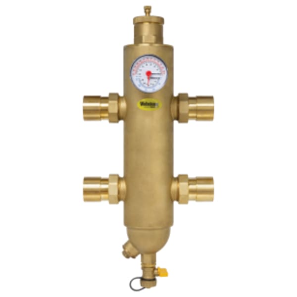 1-1/4" Sweat G-Series Forged Brass Hydraulic Separator Body, w/ Integral Magnet & Stainless Steel Mesh, Integrated Hose Drain Valve, Air Separator & Filter, Dual Scale Temperature & Pressure Gauge, Requires (4) 1 1/2" G-Union Fittings (sold separately)