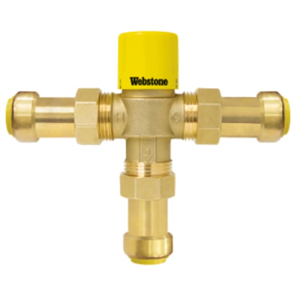 1/2" Push G-Series Thermostatic Mixing Valve w/ Integral Check Valves, Forged Lead-Free Brass Valve w/ DZR Lead-Free Brass Fittings, G1 Union Connections, For Point-of-Use (Single or Multi-Fixture), Outlet Temperature Range 95°- 120°F