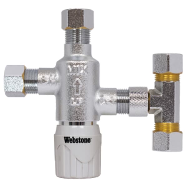 3/8" Compression Chrome-Plated Forged DZR Lead-Free Brass Thermostatic Mixing Valve, w/ Integral Check Valves and Tee, Factory Preset at 120°F, For Point-of-Use (Single Fixture), Outlet Temperature Range 95°- 120°F