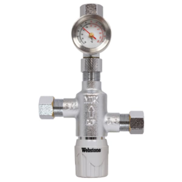 3/8" Compression Chrome-Plated Forged DZR Lead-Free Brass Thermostatic Mixing Valve, w/ Integral Check Valves and Gauge, Factory Preset at 120°F, For Point-of-Use (Single Fixture), Outlet Temperature Range 95°- 120°F