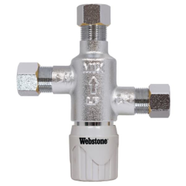 3/8" Compression Chrome-Plated Forged DZR Lead-Free Brass Thermostatic Mixing Valve, w/ Integral Check Valves, Factory Preset at 120°F, For Point-of-Use (Single Fixture), Outlet Temperature Range 95°- 120°F