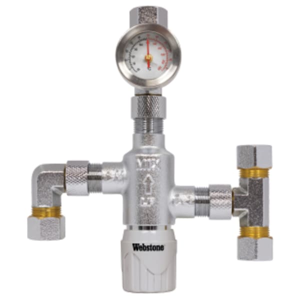 3/8" Compression Chrome-Plated Forged DZR Lead-Free Brass Thermostatic Mixing Valve, w/ Integral Check Valves, Tee and Elbow, Factory Preset at 120°F, For Point-of-Use (Single Fixture), Outlet Temperature Range 95°- 120°F
