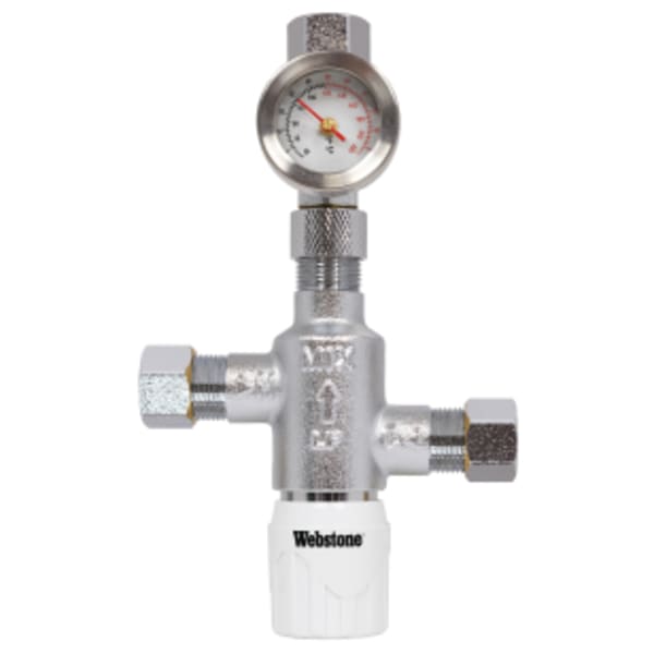 3/8" Compression Chrome-Plated Forged DZR Lead-Free Bronze Thermostatic Mixing Valve, w/ Integral Check Valves and Gauge, Factory Preset at 120°F, For Point-of-Use (Single Fixture), Outlet Temperature Range 95°- 120°F