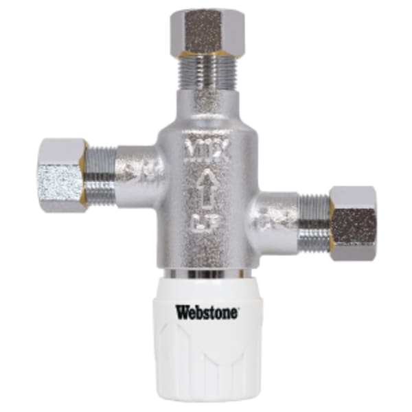 3/8" Compression Chrome-Plated Forged DZR Lead-Free Bronze Thermostatic Mixing Valve, w/ Integral Check Valves, Factory Preset at 120°F, For Point-of-Use (Single Fixture), Outlet Temperature Range 95°- 120°F