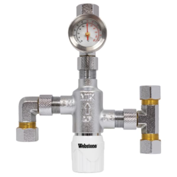 3/8" Compression Chrome-Plated Forged DZR Lead-Free Bronze Thermostatic Mixing Valve, w/ Integral Check Valves, Tee, Elbow and Gauge, Factory Preset at 120°F, For Point-of-Use (Single Fixture), Outlet Temperature Range 95°- 120°F