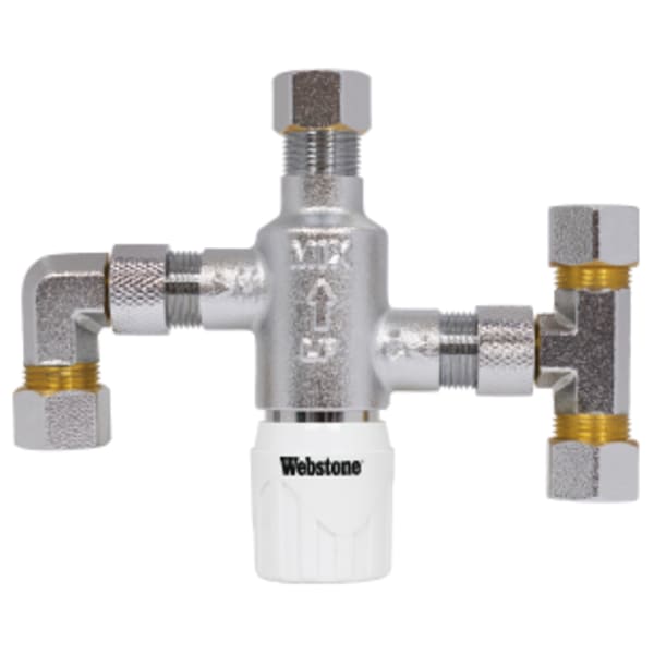 3/8" Compression Chrome-Plated Forged DZR Lead-Free Bronze Thermostatic Mixing Valve, w/ Integral Check Valves, Tee and Elbow, Factory Preset at 120°F, For Point-of-Use (Single Fixture), Outlet Temperature Range 95°- 120°F