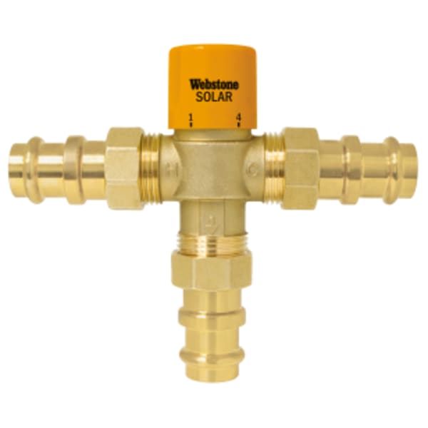 3/4" Press G-Series Thermostatic Mixing Valve w/ Integral Check Valves, Forged Lead-Free Brass Valve w/ DZR Lead-Free Brass Fittings, Temperature Locking Handle, & G1 Union Connections, For Solar Applications - Max Input 230°F, Outlet Temperature Range 104°- 176°F