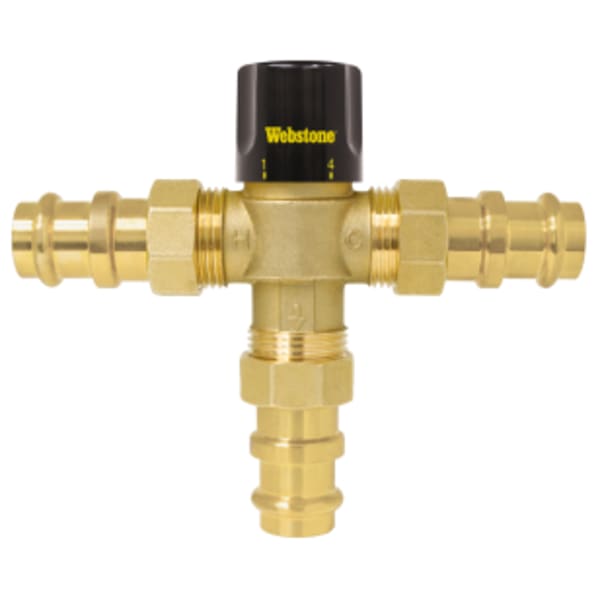 3/4" Press G-Series Thermostatic Mixing Valve w/ Integral Check Valves, Forged Lead-Free Brass Valve w/ DZR Lead-Free Brass Fittings, Temperature Locking Handle, & G1 Union Connections, For High Temperature Hydronic Applications, Outlet Temperature Range 104°- 176°F