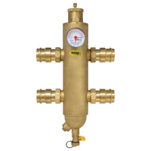 1-1/4" Press G-Series Forged Brass Hydraulic Separator Body, w/ Integral Magnet & Stainless Steel Mesh, Integrated Hose Drain Valve, Air Separator & Filter, Dual Scale Temperature & Pressure Gauge, Requires (4) 1 1/2" G-Union Fittings (sold separately)