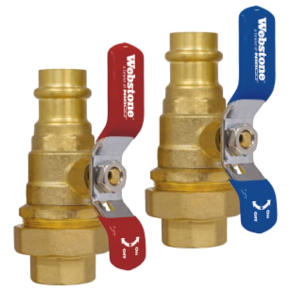 3/4" FPT Union x Sweat E-X-P Union Ball Tankless Water Heater Service Valve Kit, Hot & Cold Set of Full Port Forged DZR Lead-Free Brass Ball Valves, w/ Union Ends, & Adjustable Packing Glands. Designed for TWH with integrated drain and PRV ports.