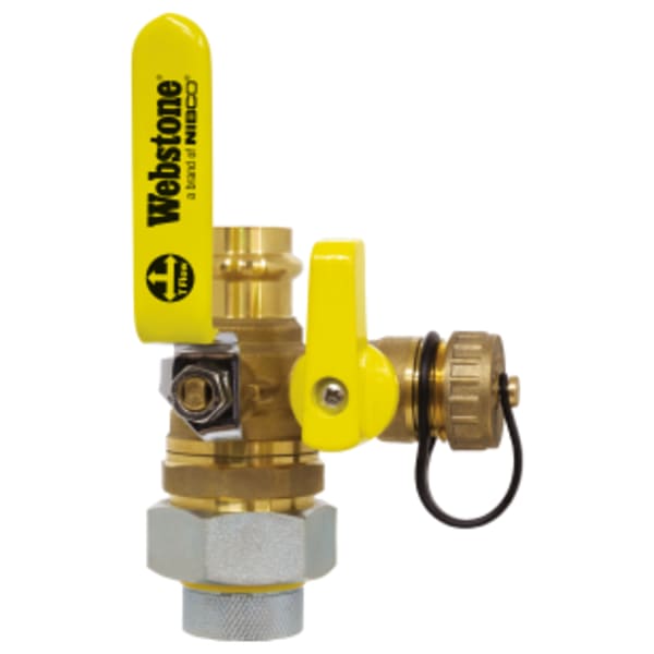 1/2" FPT Union x Press Pro-Pal Dielectric Union Ball Drain, Full Port Forged DZR Lead-Free Brass Ball Valve, w/ Galvanized Steel Union End, Nylon Insulator Ring, Hi-Flow Hose Drain, Reversible Handle, & Dual Stem Seal Design