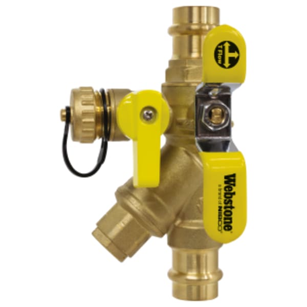 1/2" Press Pro-Pal Ball Drain Strainer, Full Port Forged DZR Lead-Free Brass Ball Valve, w/ Hi-Flow Multi-Function Hose Drain, Integral Y-Strainer (20 Mesh), 1/2" Plugged NPT Port, & Adjustable Packing Glands