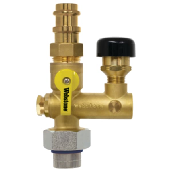 3/4" FPT Union x Press Pro-Pal Dielectric Water Heater Supply Valve, Full Port DZR Lead-Free Brass Ball Valve, w/ Dielectric Union End, 1/2" FIP Vacuum Relief Valve Port, (2) Plugged FIP Ports (1/2" & 1/8"), Includes Vacuum Relief Valve