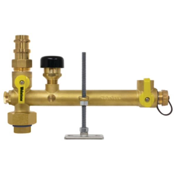 3/4" x 1/2" FPT Union x Press Pro-Pal Water Heater Supply Valve, w/ Expansion Tank Service, Full Port DZR Lead-Free Brass Ball w/ Union End, w/ 3/4 Expansion Tank Port & Hi-Flow Hose Drain, (3) Plugged FIP Ports (1/2", 1/2" & 1/8"), Includes Vacuum Relief Valve & Mounting Hardware