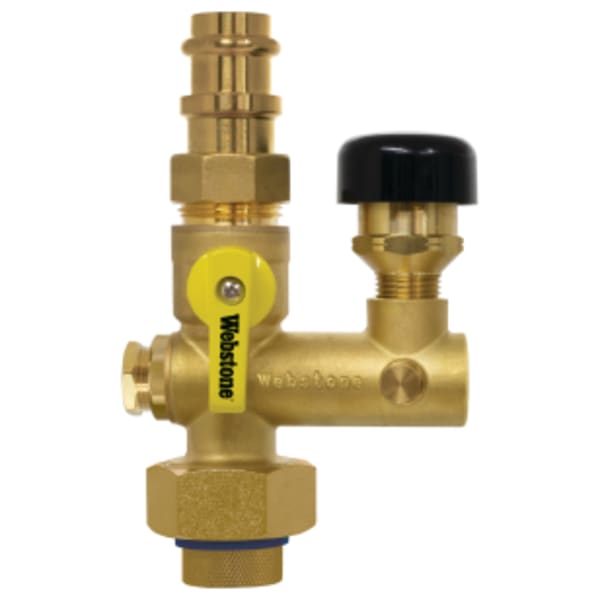 3/4" x 1/2" FPT Union x Press Pro-Pal Water Heater Supply Valve, Full Port DZR Lead-Free Brass Ball Valve, w/ Union End, 1/2" FIP Vacuum Relief Valve Port, (2) Plugged FIP Ports (1/2" & 1/8"), Includes Vacuum Relief Valve & Mounting Hardware