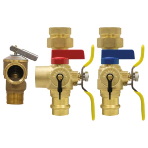 3/4" FPT Union x Press E-X-P E2 Tankless Water Heater Service Valve Kit, Hot & Cold Set of Full Port Forged Lead-Free Brass Ball Valves, w/ Hi-Flow Hose Drains, Lead-Free Residential Pressure Relief Valve (150 PSI 500,000 BTU/Hr), & Adjustable Packing Glands