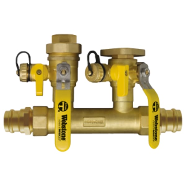 1-1/4" x 1" Press System Run x FPT Boiler Connection Hydro-Core Manifold Kit, Flange Right Manifold, Forged Brass Closely Spaced Tees w/ (2) Full Port Isolation Valves w/ Hi-Flow Hose Drains, Boiler Connections, Adjustable Packing Glands, Fully Insulated Body