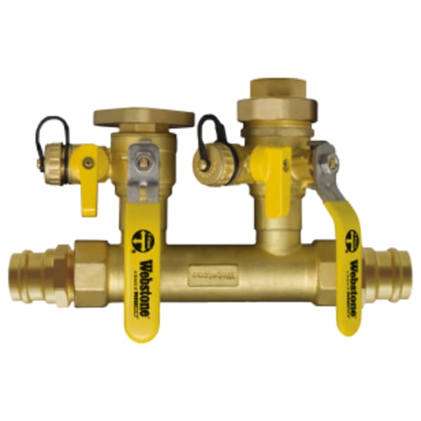 1-1/4" x 1" Press System Run x FPT Boiler Connection Hydro-Core Manifold Kit, Flange Left Manifold, Forged Brass Closely Spaced Tees w/ (2) Full Port Isolation Valves w/ Hi-Flow Hose Drains, Boiler Connections, Adjustable Packing Glands, Fully Insulated Body