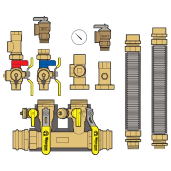 1-1/4" x 1" Press System Run x FPT Boiler Connection Hydro-Core Complete Near Boiler Piping Kit, Includes Manifold, Supply & Return Flex Lines, Boiler Connections & 3/4" E3 Service Valve Kit, for Select Combi Boilers