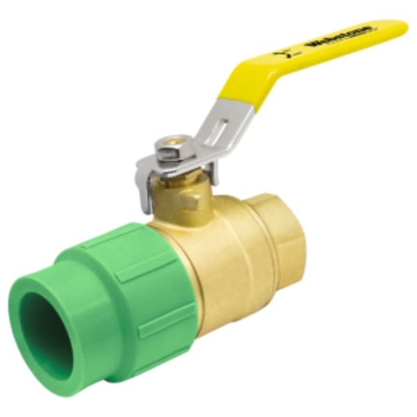 40mm (1-1/4") x 1-1/4" Female PP-R Metric Socket x FPT Full Port Forged Lead-Free Brass Ball Valve, w/ Adjustable Packing Gland, Compatible with all Aquatherm® PP-R piping systems, Available exclusively at Aquatherm® dealers