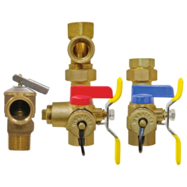 3/4" Lead-Free - FIP Union x FIP, E-X-P E3 Tankless Water Heater Service Valve Kit, Hot & Cold Set of Full Port Forged Brass Ball Valves, w/ Hi-Flow Hose Drains, Adjustable Pressure Relief Valve Outlet, & Adjustable Packing Glands, Includes Residential Pressure Relief Valve (150 PSI/500,000 BTU/HR)