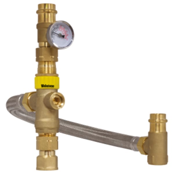 3/4" Lead-Free - MIP x FIP, Water Heater Tempering Valve, Forged DZR Brass Valve w/ 18" Flex Hose Connector, & Integral Check Valves, Outlet Temperature Range 86 Deg -120 Deg F