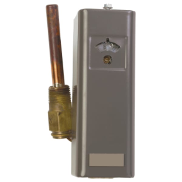 High or Low limit Aquastat Controller with 100 F to 240 F operating temperature, 5 F fixed differential, and 1/2 in well