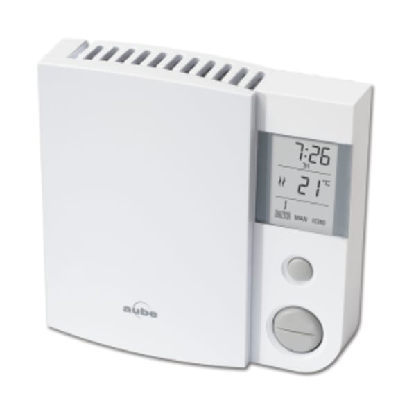 Line and low volt 7-day programmable electronic thermostat for central (conventional) heating