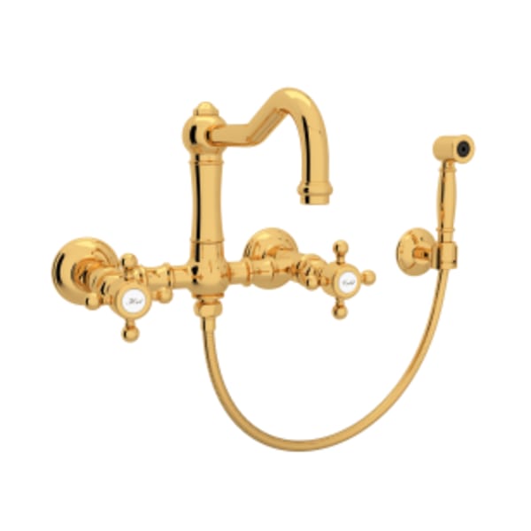 Acqui® Wall Mount Bridge Kitchen Faucet With Sidespray And Column Spout in Italian Brass