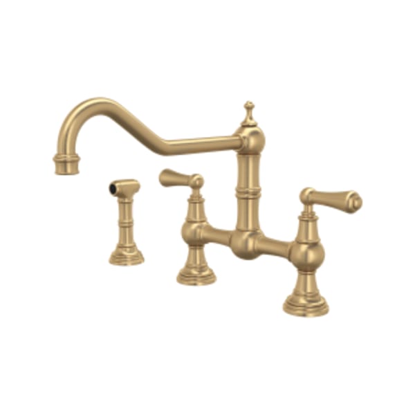 Edwardian™ Extended Spout Bridge Kitchen Faucet With Side Spray in Satin English Gold