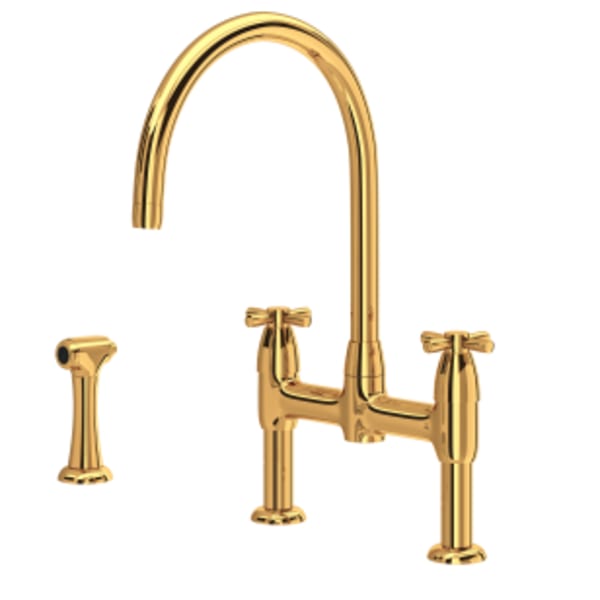 Holborn™ Bridge Kitchen Faucet With C-Spout and Side Spray in English Gold