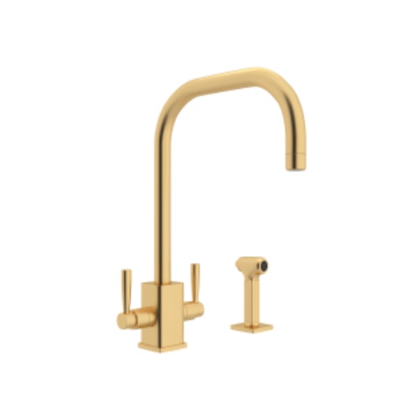 Holborn™ Two Handle Kitchen Faucet With U-Spout and Side Spray in Satin English Gold