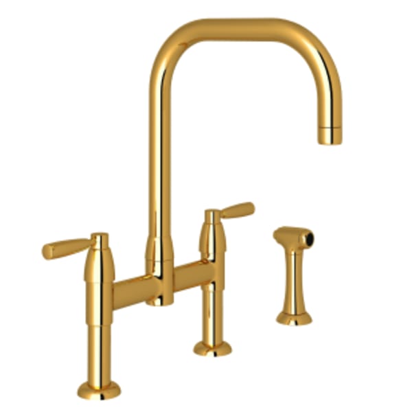 Holborn™ Bridge Kitchen Faucet With U-Spout and Side Spray in Unlacquered Brass