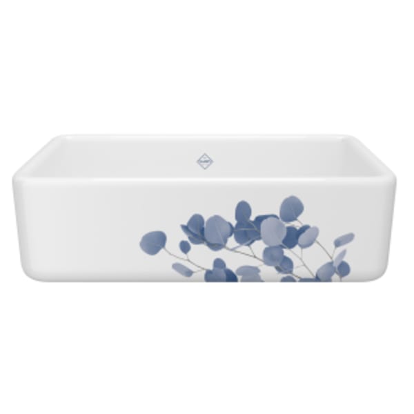 Lancaster™ 33" Single Bowl Farmhouse Apron Front Fireclay Kitchen Sink With Eucalyptus Design in Eucalyptus Blue/Silver