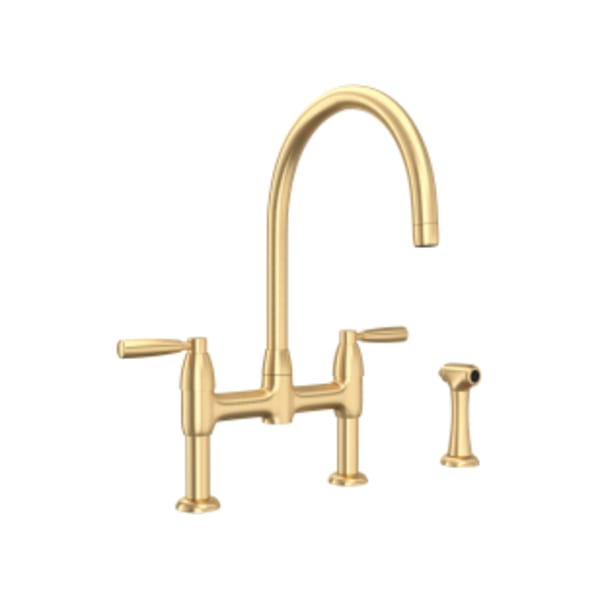 Holborn™ Bridge Kitchen Faucet With C-Spout and Side Spray in Satin English Gold