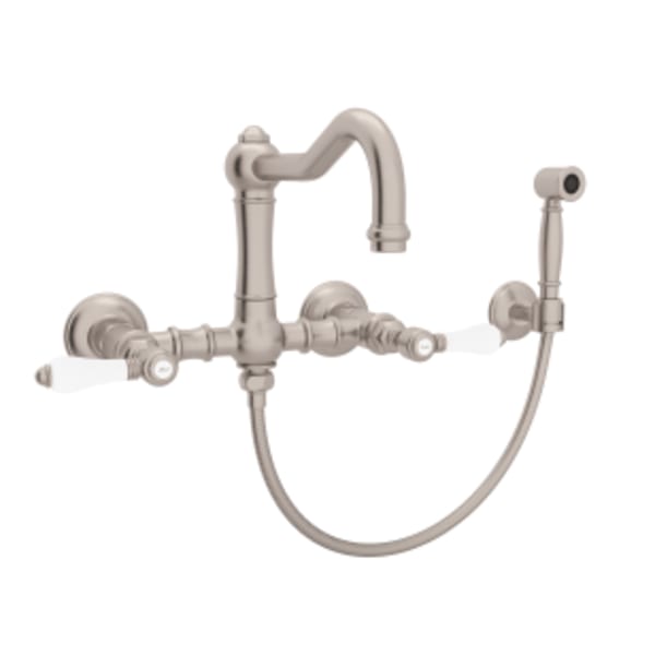 Acqui® Wall Mount Bridge Kitchen Faucet With Sidespray And Column Spout in Satin Nickel