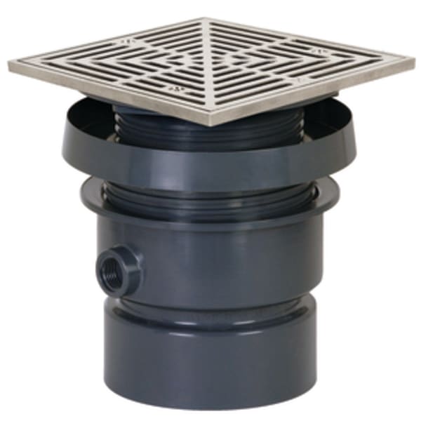 4" PVC Hub 7" Square Stainless Steel Ring and Strainer