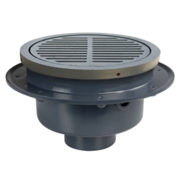 3" Solvent Weld FatMax Large Capacity On-Grade Floor Drain with 9-7/8" Round Grate Heel Proof Cast Iron Finish PVC Body