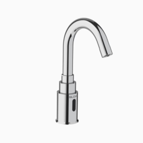 Sloan® Sensor Faucet (SF2200-4-CT CP FCT GNECK 4"HW BAT W/CHEK) Commercial Grade, ADA Compliant, Electronic, Sensor-Activated, Brass Gooseneck Hand Washing Faucet with the following features: - Single Hole in Polished Chrome