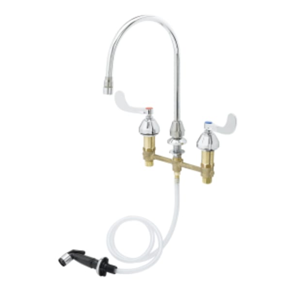 Medical Faucet w/Sidespray, 8" Centers, Swivel Gooseneck w/Aerator, 4" Wrist Action Handle