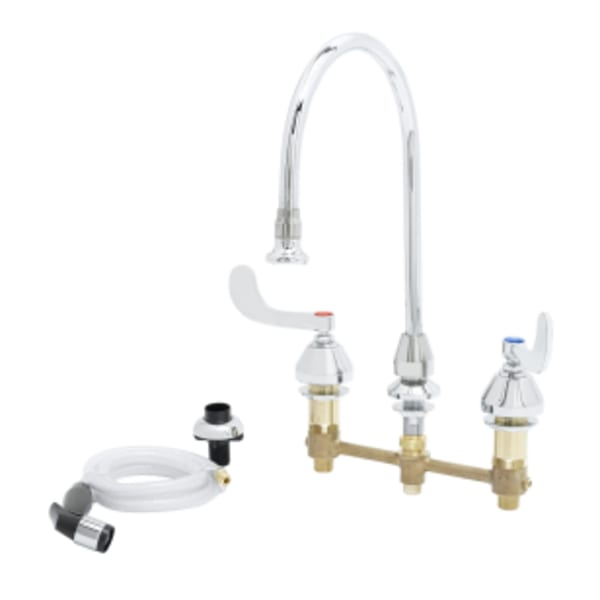 Medical Faucet w/ Sidespray, 8" Centers, Gooseneck w/ Rosespray Aerator, 4" Wrist Handles