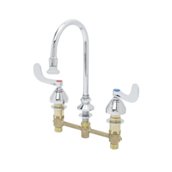 Medical Faucet, Deck Mount, 8" Centers, Swivel/Rigid GN w/Rosespray, 4" Wrist Handles