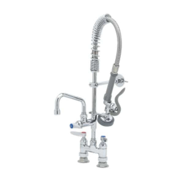 Mini-PRU: 4" Deck Mount Faucet, B-0107, 6" Swing Nozzle, Lever Handles, Wall Bracket
