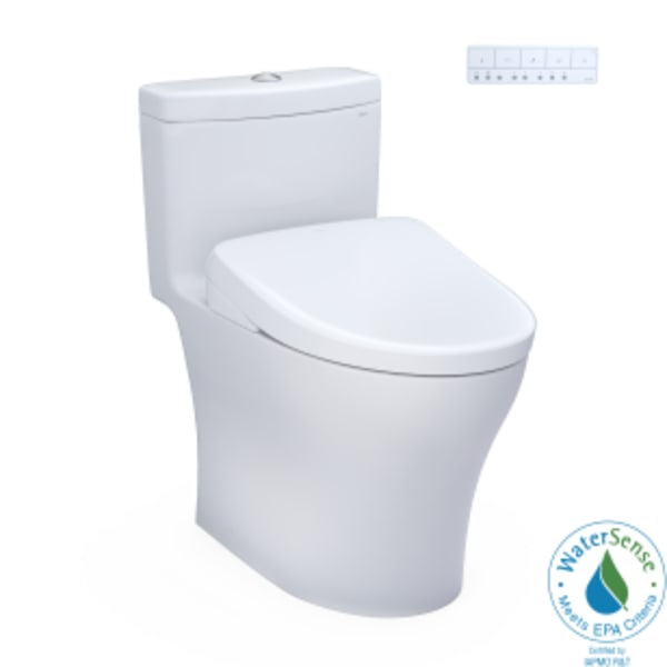 TOTO® WASHLET®+ Aquia® IV One-Piece Elongated Dual Flush 1.28 and 0.9 GPF Toilet with Auto Flush S7A Contemporary Bidet Seat, Cotton White - MW6464736CEMFGNA#01