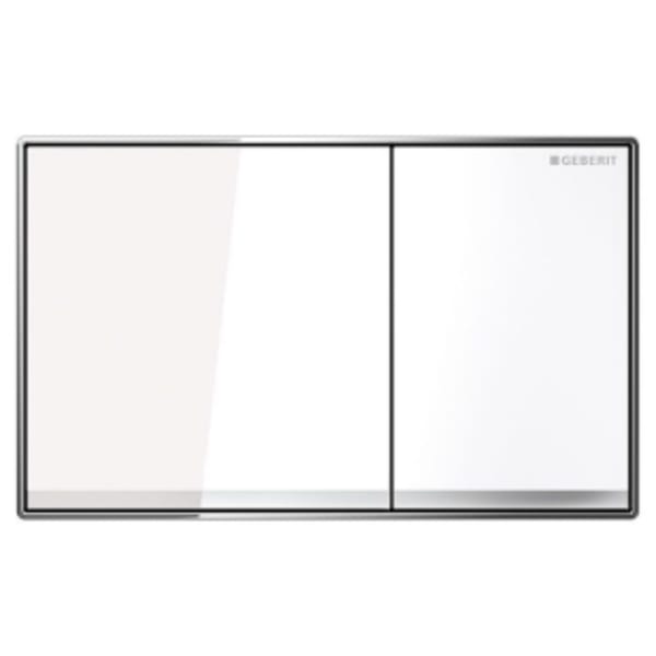 Geberit - 8.4" x 5.2", 1 to 2" Thick, White Glass, Glass, Die Cast Zinc, 1.6/0.8 GPF, 2-Flush, Actuator Plate with Mounting Frame for Sigma60 Concealed Toilet Tank