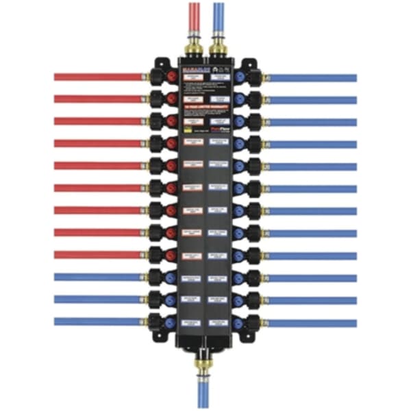 3/8" x 1/2", PEX Press x ManaBloc, 1" Pipe, 100 PSI, Lead-Free, Polysulfone Plastic, 14 Hot/22 Cold Port, Distribution Manifold with 1/4 Turn Valve/T-Handle Valve Key/Adapter