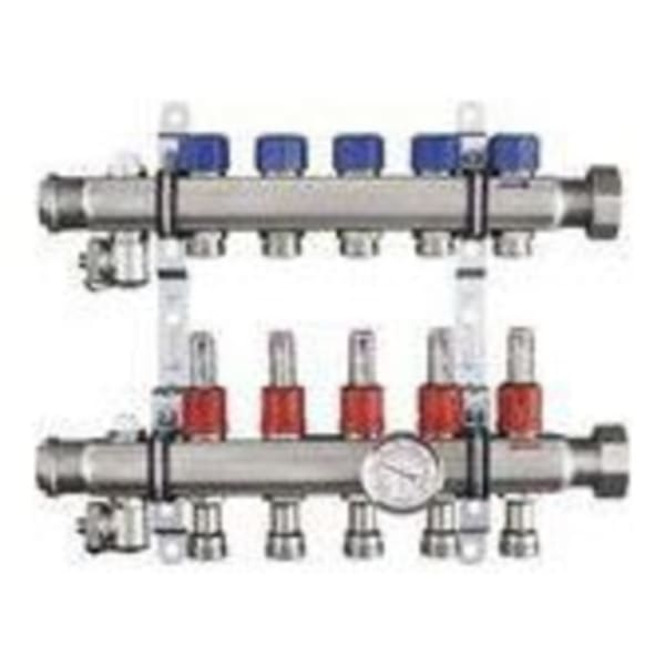 1-1/4" x 1", Union x FPT, Stainless Steel, 7-Port, Heating and Cooling Manifold with Air Bleeder/Shut-Off Balancing Valve and Supply Flow Meter Valve