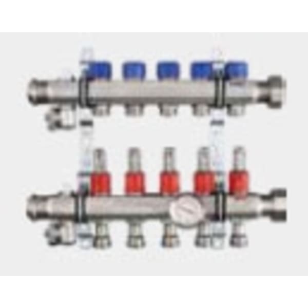 1-1/4" x 1", Union x FPT, 100 PSI, 304 Stainless Steel, 2-Port, Heating and Cooling Manifold with Shut-Off/Balancing Valve/Air Bleeder/Mounting Bracket/Supply Flow Meter Valve