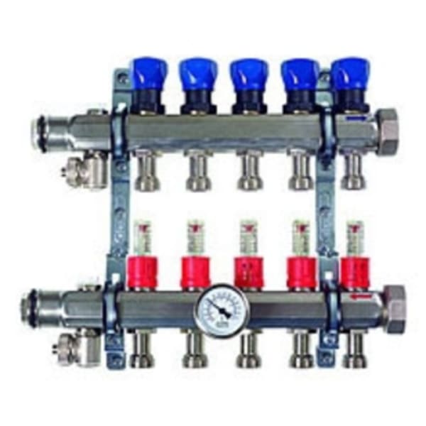 1-1/4" x 1", Union x FPT, 100 PSI, 304 Stainless Steel, 9-Port, Heating and Cooling Manifold with Shut-Off/Balancing Valve/Air Bleeder/Mounting Bracket/Supply Flow Meter Valve